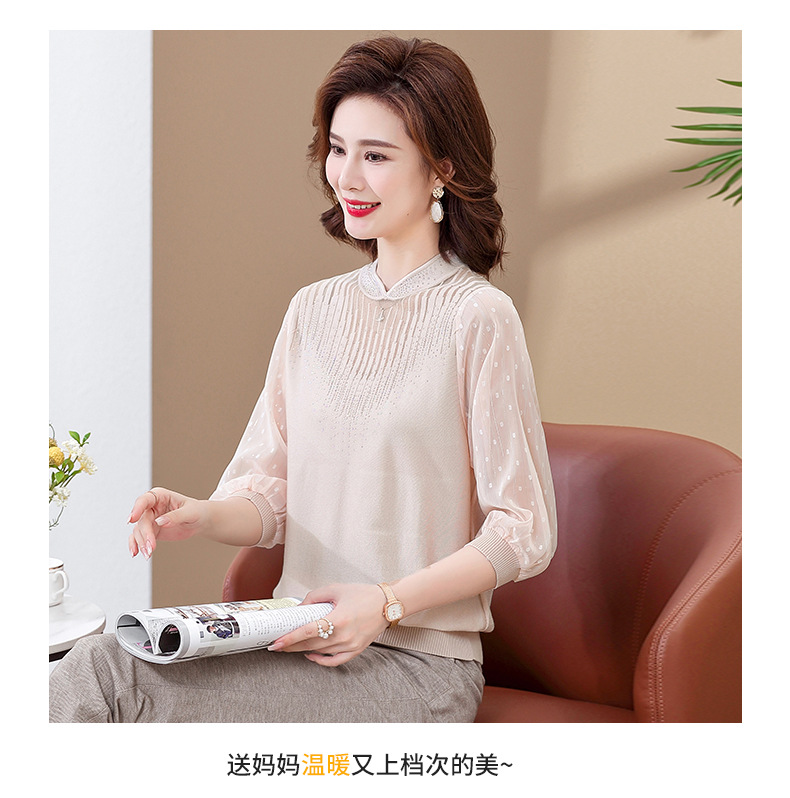 妈妈纱袖薄款打底上衣春秋季女士气质针织衫中老年休闲时尚洋气质详情9