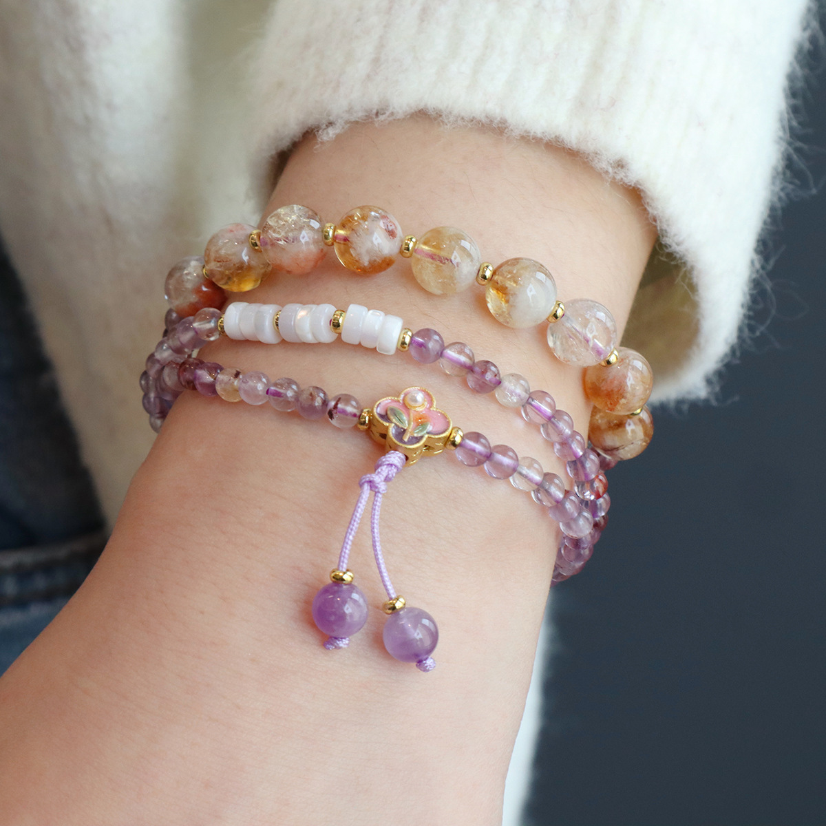 天然紫水晶手链紫幽灵三圈高级感设计黄水晶手串塔晶饰品详情12