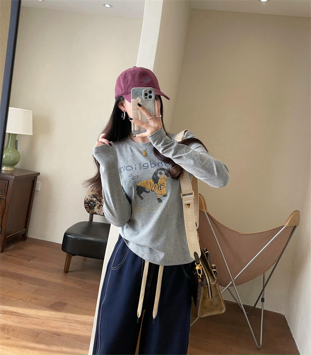 Playful and youthful embroidered printed puppy loose straight top straight-shoulder round-neck long-sleeved T-shirt for women 2025 early Spring G021418 pic 23
