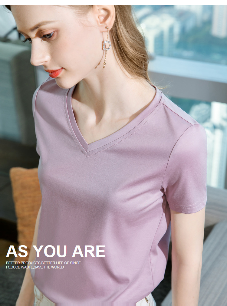 冰感丝光棉短袖t恤女2024新款女装气质v领纯棉体恤纯色高级感上衣详情13