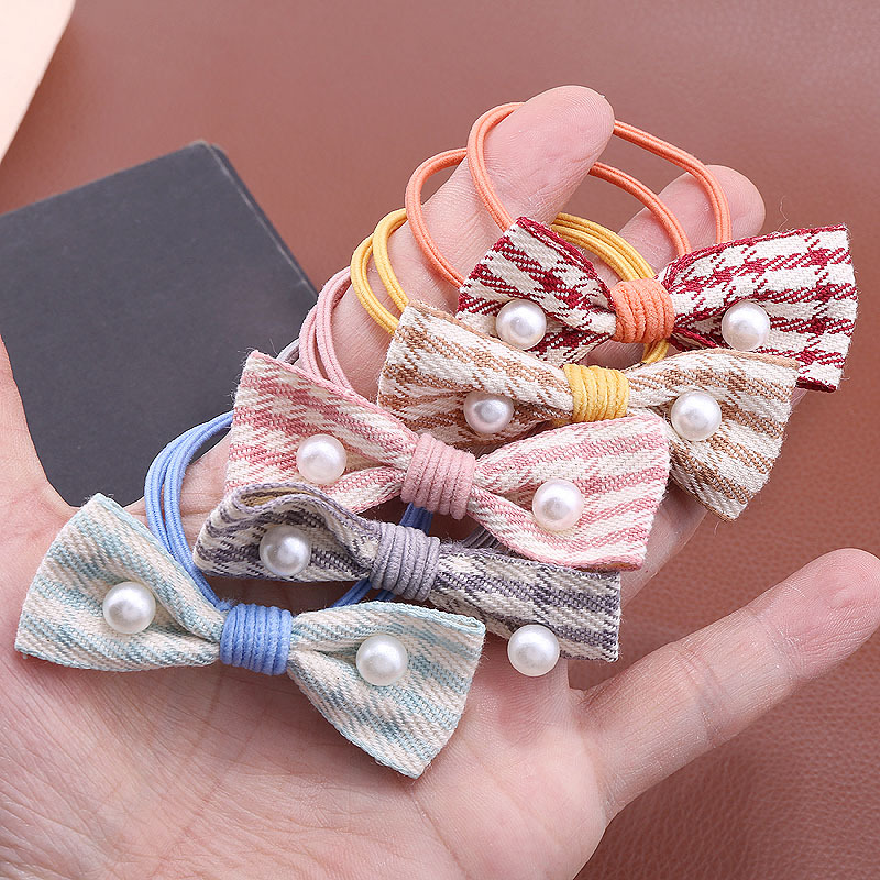 Korean-style pearl fabric checkered bow hair band leather band fresh leather band macaron fresh hair band head accessory pic 4