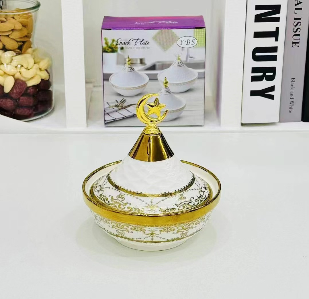 Light luxury home furnishings: multi-compartment fruit plates, dessert prints, covered bowls, European-style golden ceramic tea cups and plates, and pottery pic 3