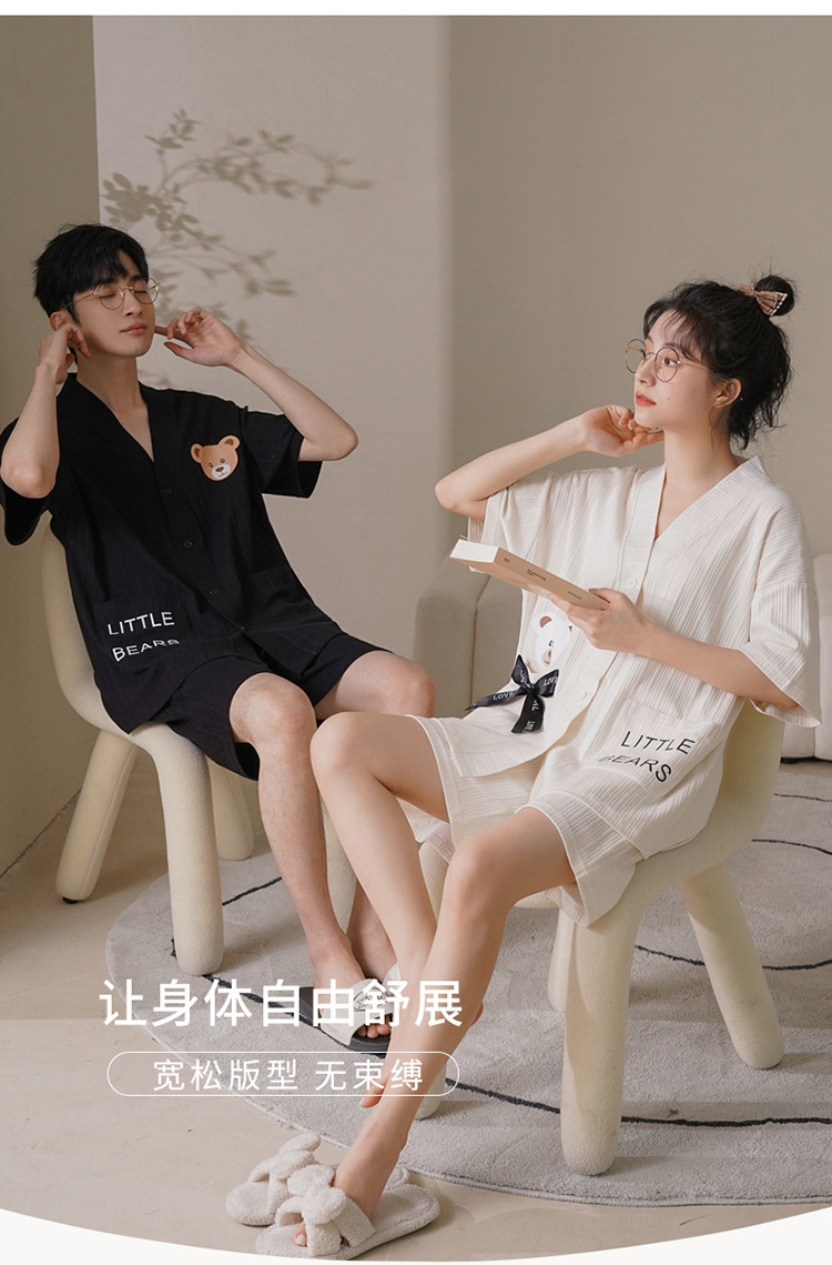 Chun baifen cute pareja pijama mujer de verano manga corta pantalones cortos cardigan hombre trajes casuales ropa casera usable exterior pic 5