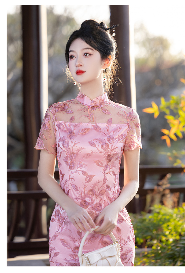 国潮夏季新款改良国风旗袍时尚刺绣中长款粉色年轻款连衣裙裙子详情13