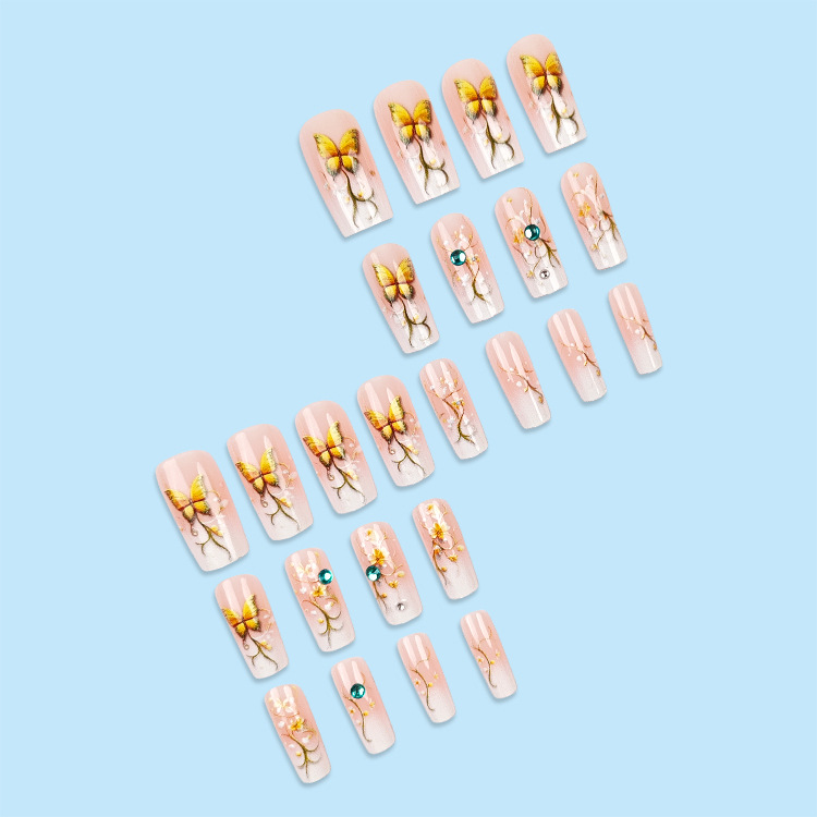 Wholesale of pink and white gradient diamond-encrusted nail plates, simple flower nail patches, cross-border best-selling butterfly wearable nails pic 22