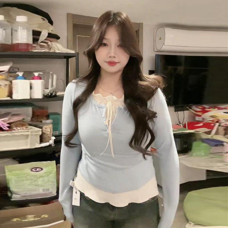 300斤大码纯欲甜辣假两件修身上衣女春秋季胖mm显瘦打底衫百搭T恤详情4