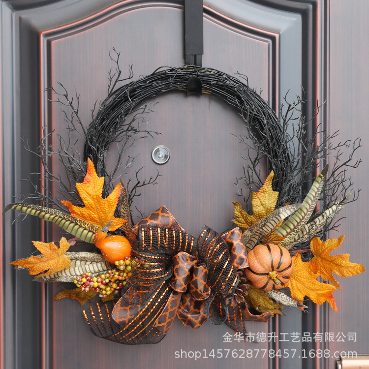 Desheng Cross-border E-commerce Amazon Halloween simulation maple leaf pumpkin Ribbon wall hanging vine ring wreath decoration pic 1
