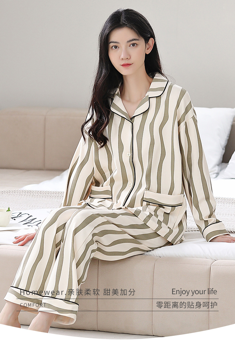 纯棉女士睡衣女春夏新款100%棉斑马纹长袖开衫休闲家居服套装详情1