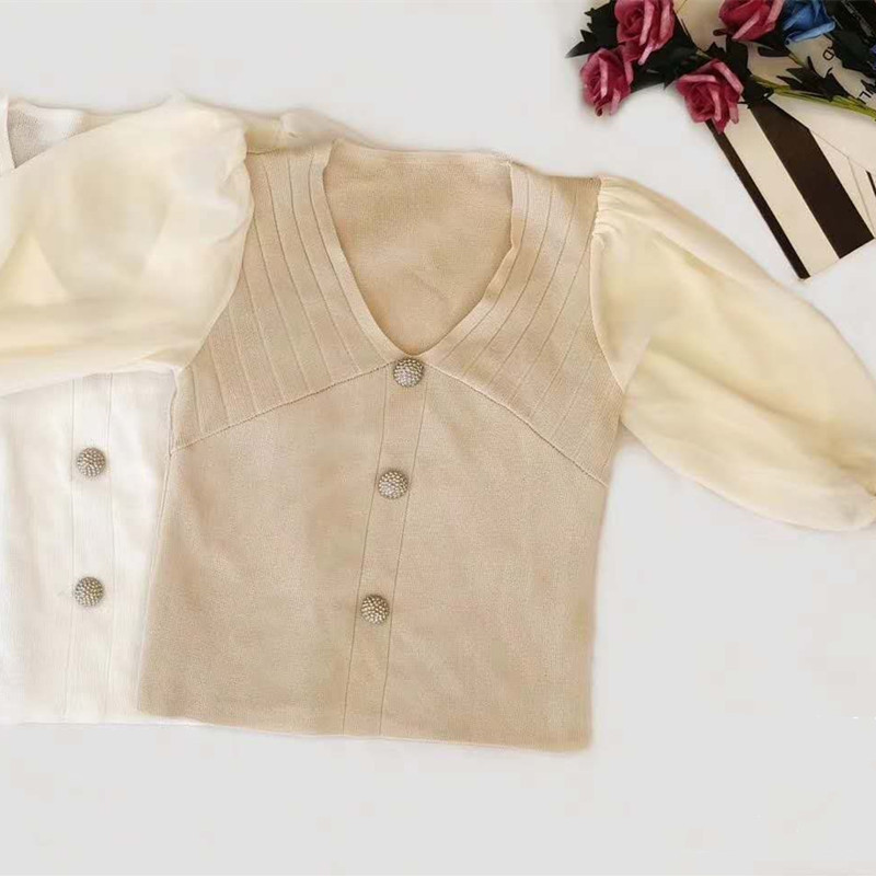 Ice silk knitted top Women's thin 2021 Summer new style elegant short-sleeved V-neck chiffon patchwork knitted sweater pic 7