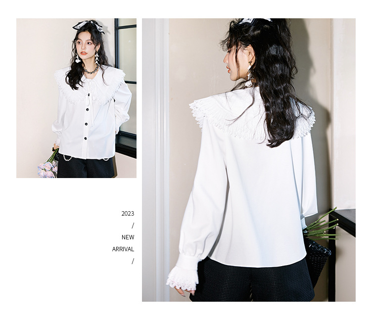 The new long-sleeved white shirt for women in the autumn of 2023, with lace trim and a doll-neck design, is a stylish shirt for women pic 24