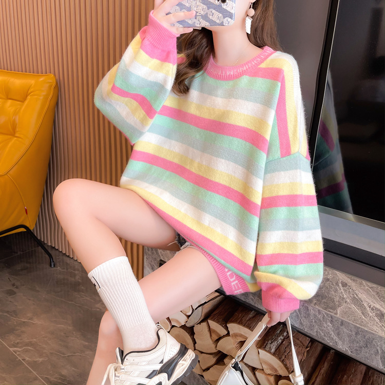 新款韩版2021秋冬条纹毛衣女潮学生休闲内搭上衣时尚女装外套批发详情12