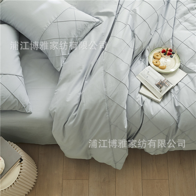 Wholesale of high-quality three or four-piece sets of washed cotton 40-count hand-knitted rhombus-shaped checkered plain pure cotton bedding pic 48