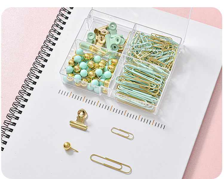 Macaron-colored large flat four-compartment box, golden stationery set, book holder, thumbtack, paperclip combination, small stationery set pic 13