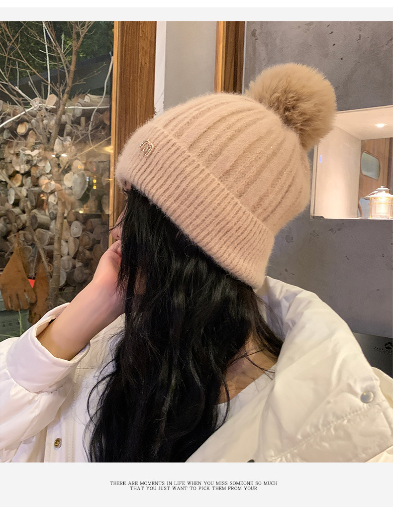 新款秋冬季针织毛球显脸小套头帽户外加绒保暖女甜美护耳毛线帽子详情11