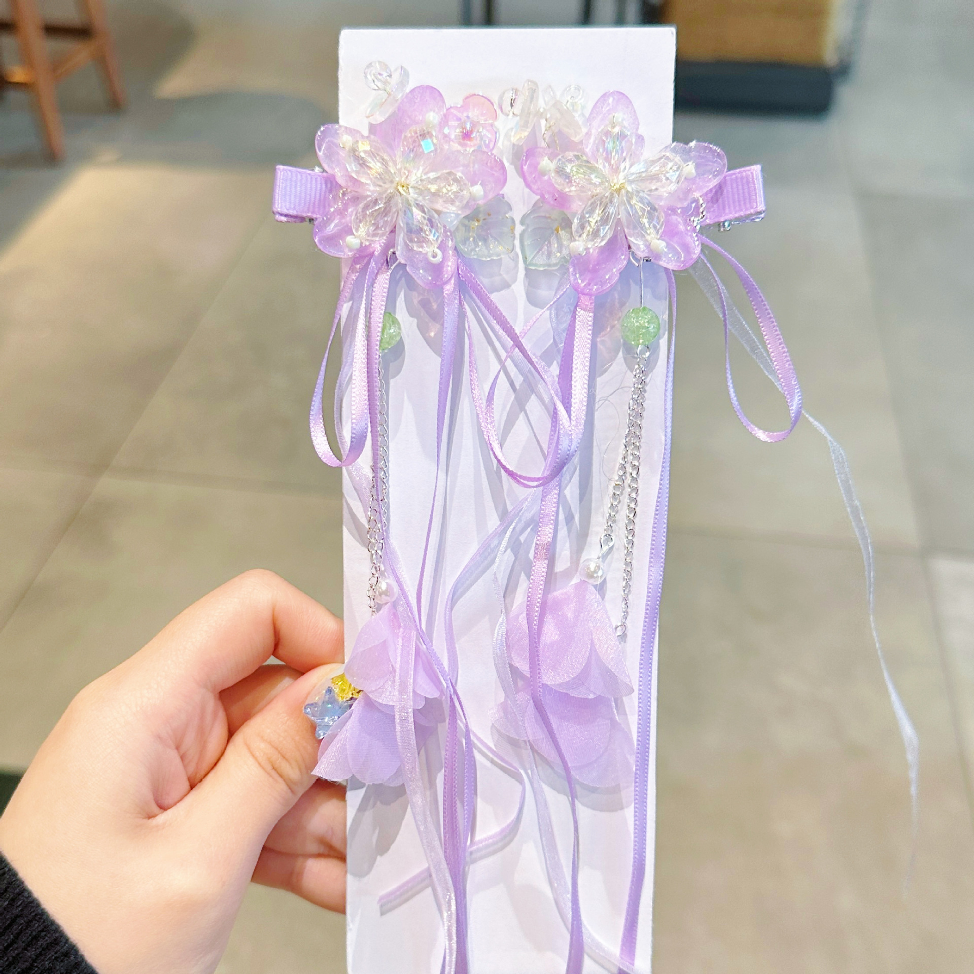 儿童发夹 国潮系列新款古风花朵蝴蝶珍珠流苏中国风琉璃对夹女孩汉服头饰详情23