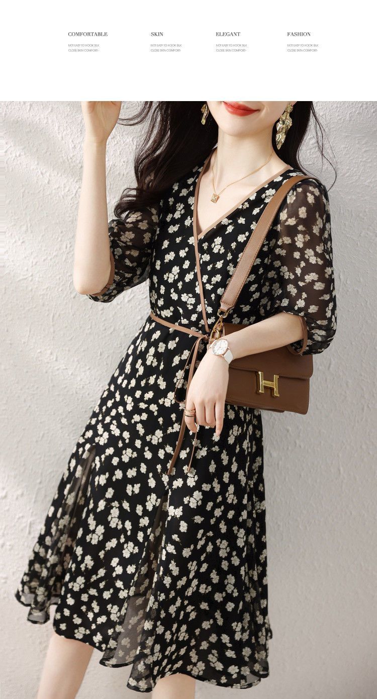 Elegant floral print dress 2024 Summer new style dress with a figure-hugging and patchwork design for a younger petite V-neck pic 9