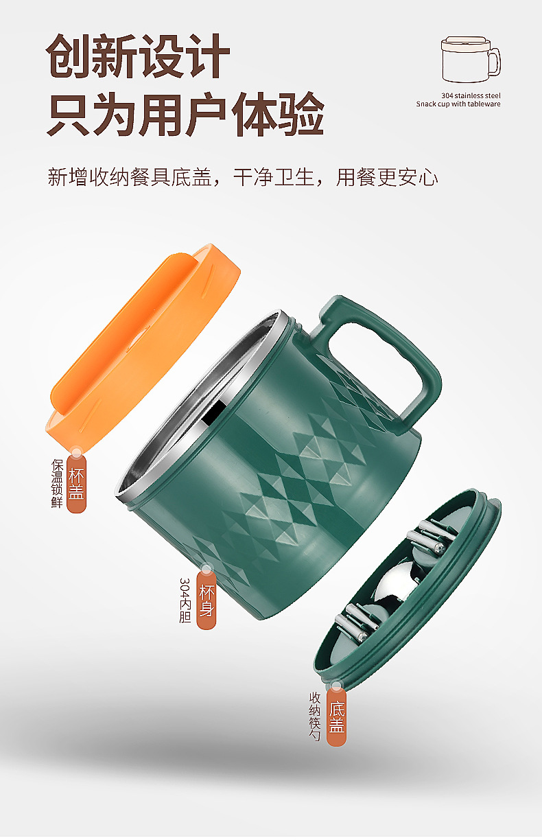 304不锈钢泡面碗带盖保温碗宿舍用学生饭盒杯 带手柄吃饭碗高颜值详情3