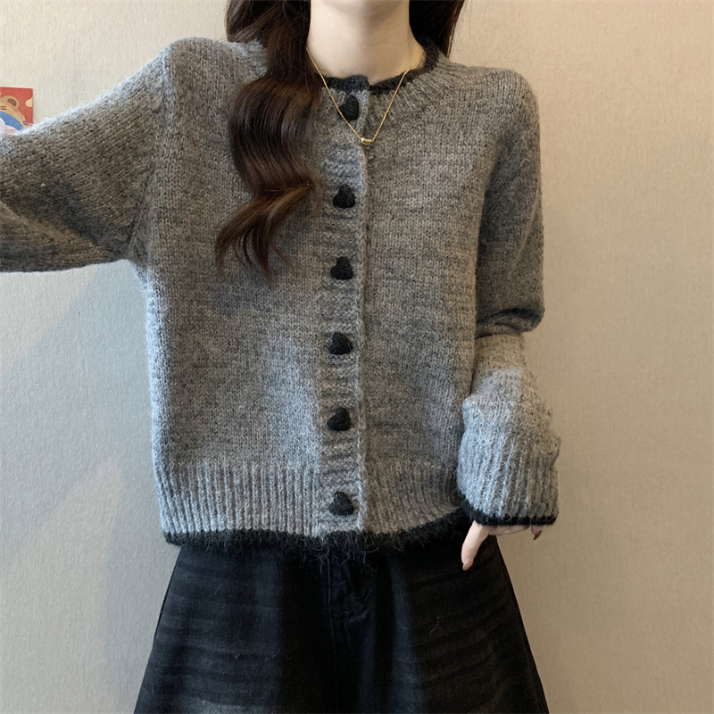 KANING拼色爱心纽扣针织开衫女2025早春新款慵懒风软糯毛衣外套女详情12