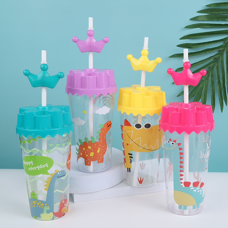 Cartoon cute dinosaur pattern household daily-use straw cup, multi-purpose straw, beverage water cup, small crown straw pic 8