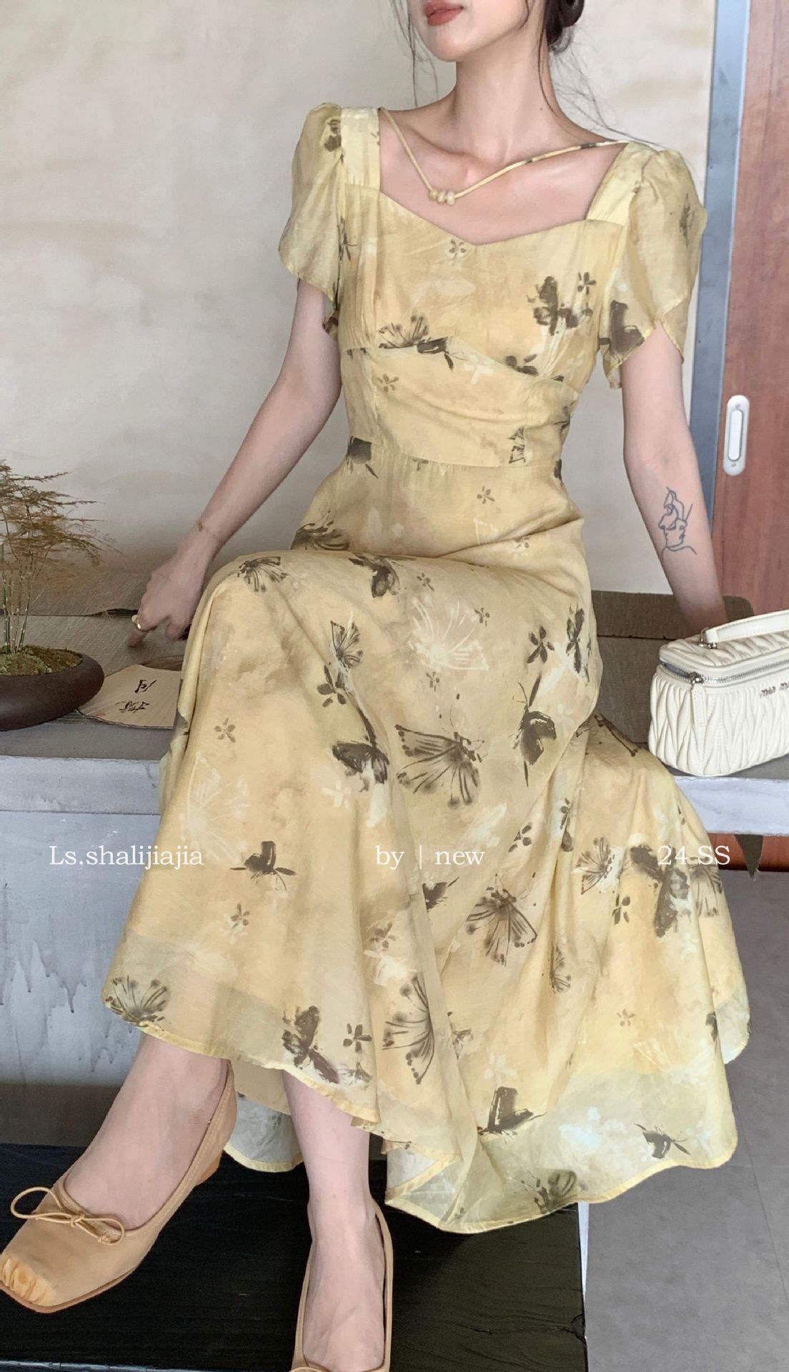 LS广州十三行春夏2024新品女装碎花度假优雅修身方领连衣裙51250#详情11