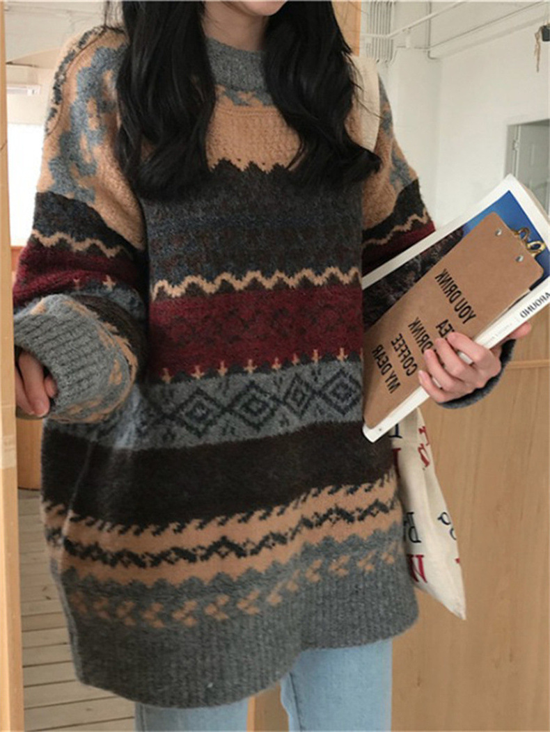 2023秋季新款复古休闲百搭慵懒风套头圆领针织毛衣女撞色针织上衣详情7