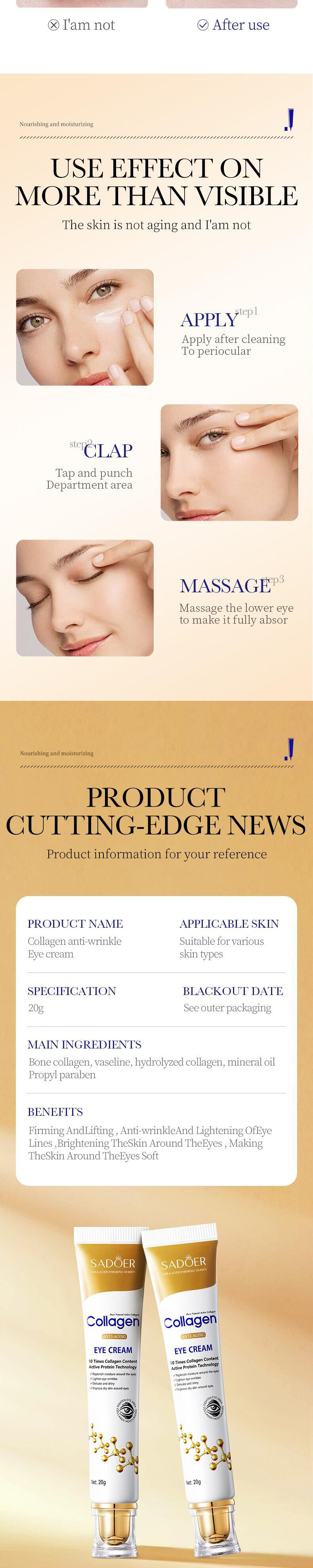 The all-English collagen eye cream SADOER tightens, moisturizes and improves eye wrinkles and eye bags. Cross-border export pic 4