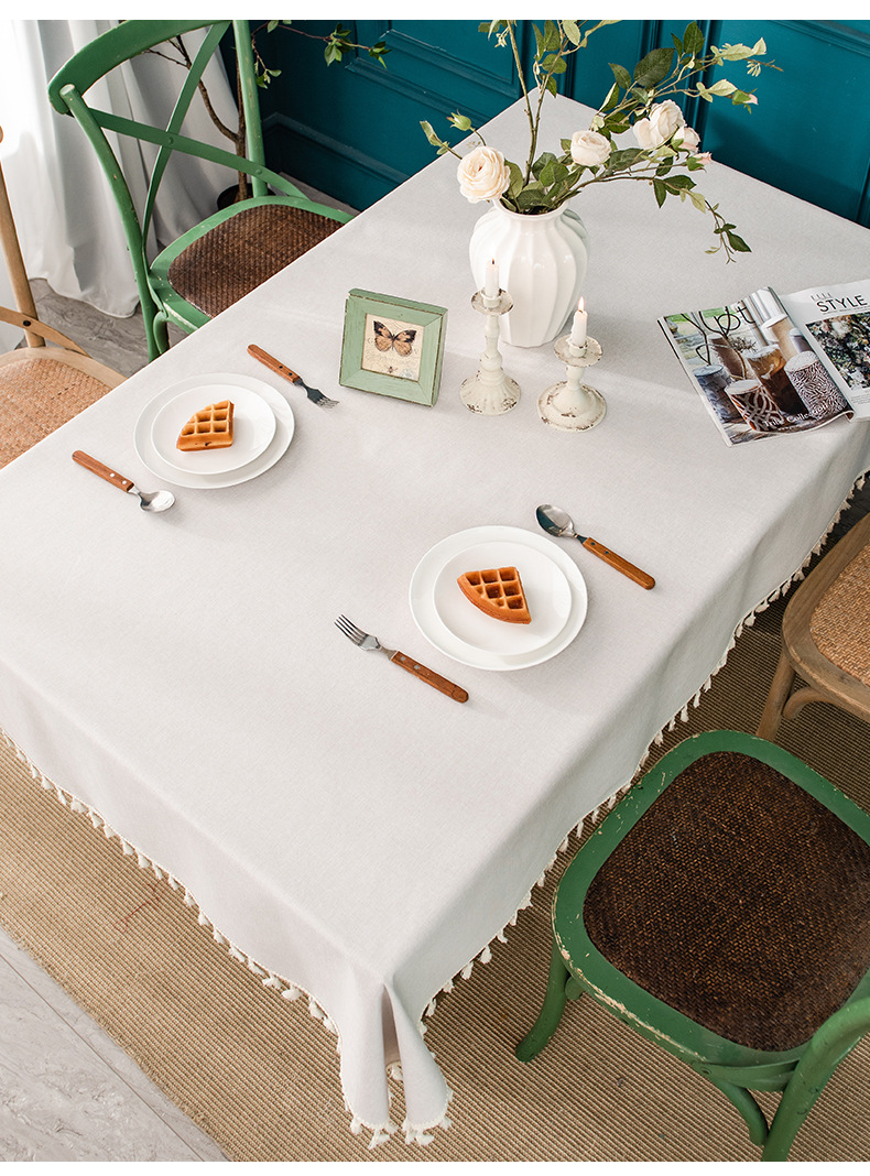 亚马逊棉麻桌布防水防油免洗纯色餐布艺餐厅茶几长方形流苏台布详情13