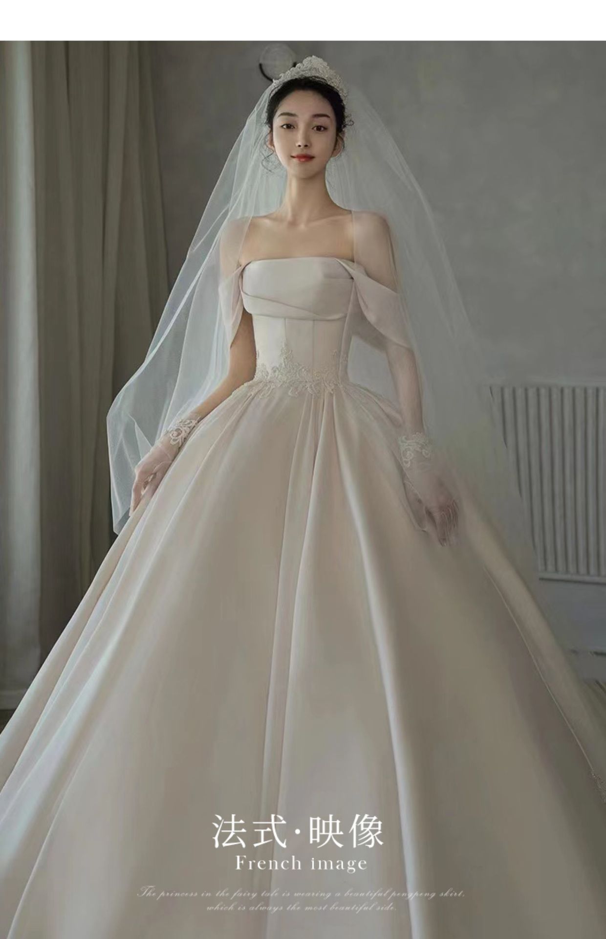 主婚纱伽罗同款2022年新款新娘缎面一字肩法式复古小个子一件代发详情17