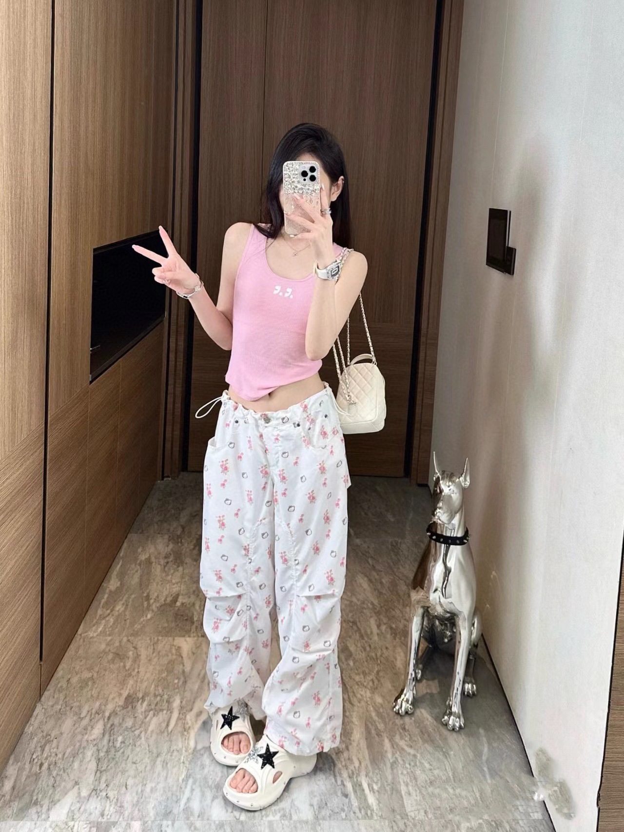 2024夏季新款小众设计卡通可爱KT猫咪印花宽松阔腿伞裤休闲直筒裤详情4