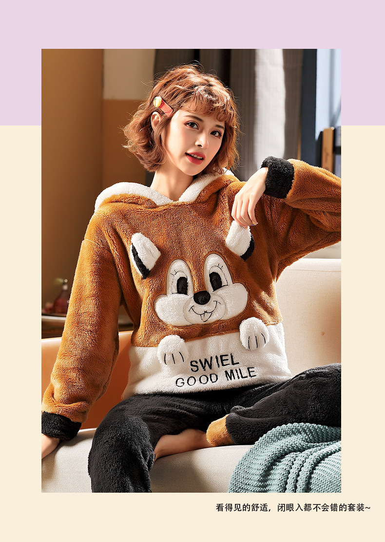 长毛绒冬季卡通情侣加厚加绒睡衣女帽子外穿法兰绒套装男士家居服详情107
