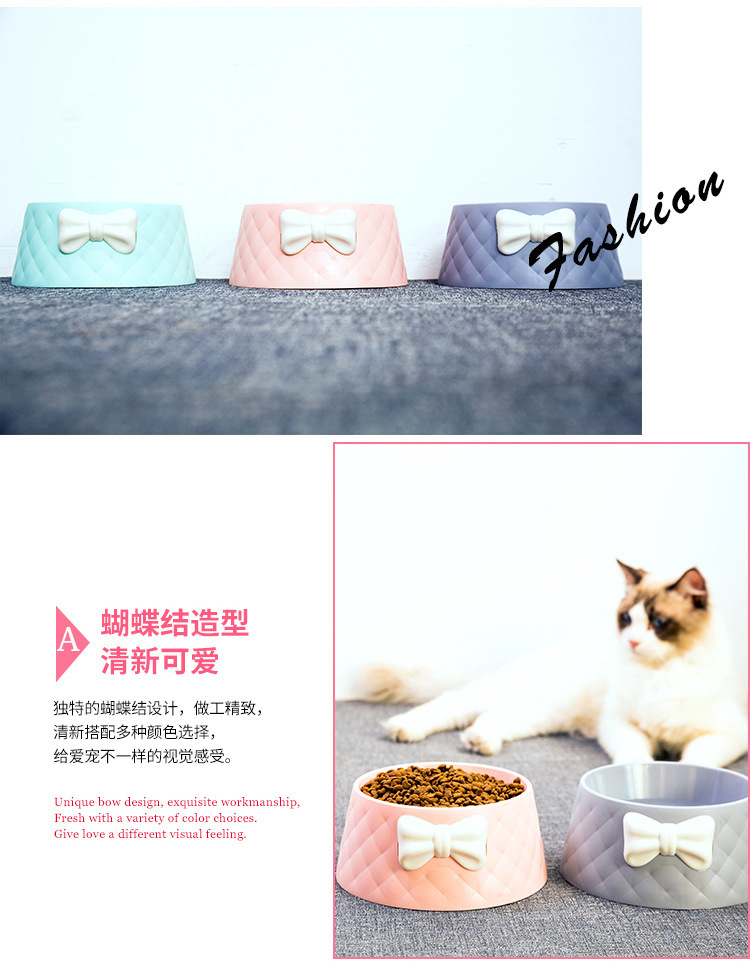 New cute bow pet bowl, ins diamond-shaped pattern pet cat bowl, leak-proof dog bowl and basin pic 5