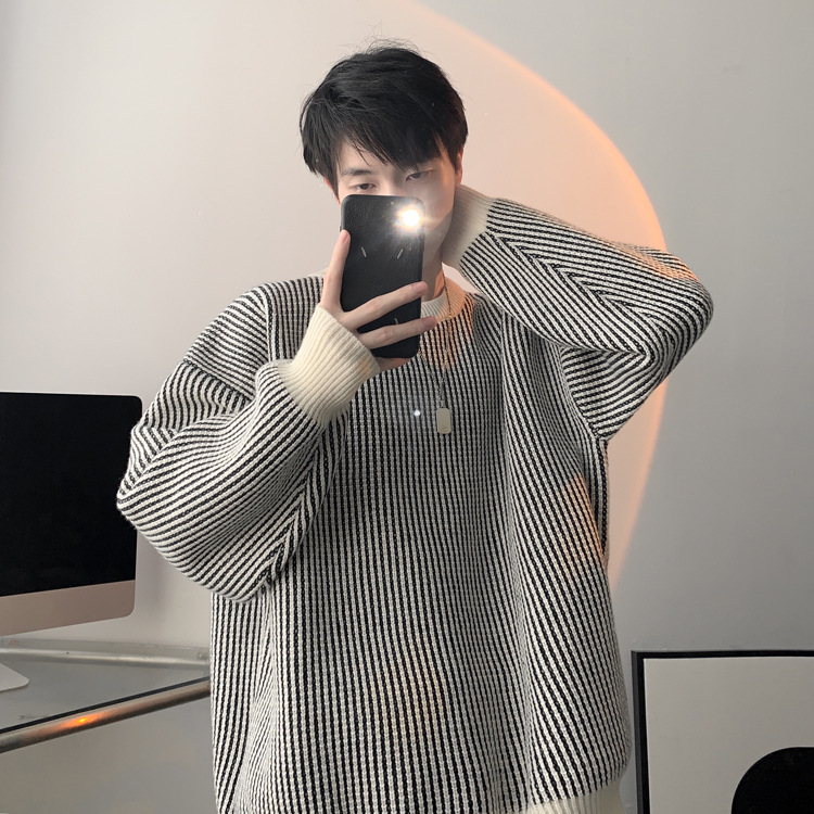 圆领条纹毛衣男款秋冬新款时尚套头针织衫日系复古宽松百搭上衣服详情26