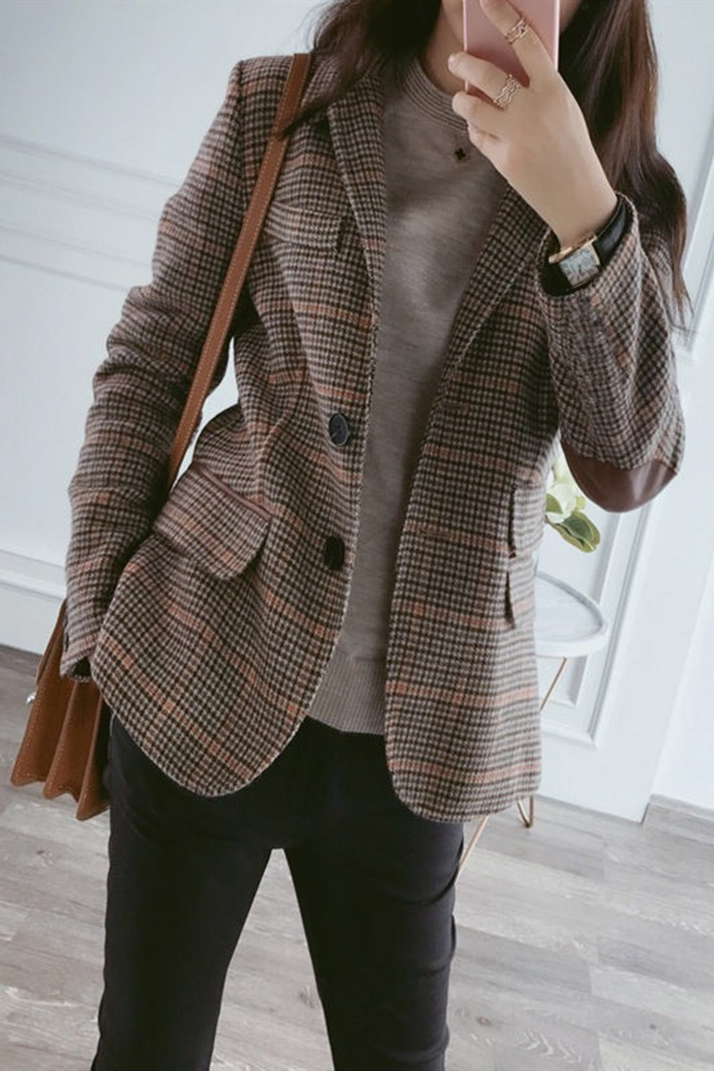 格子西装外套女春秋2022年新款韩版英伦风短款女士毛呢休闲小西服详情3