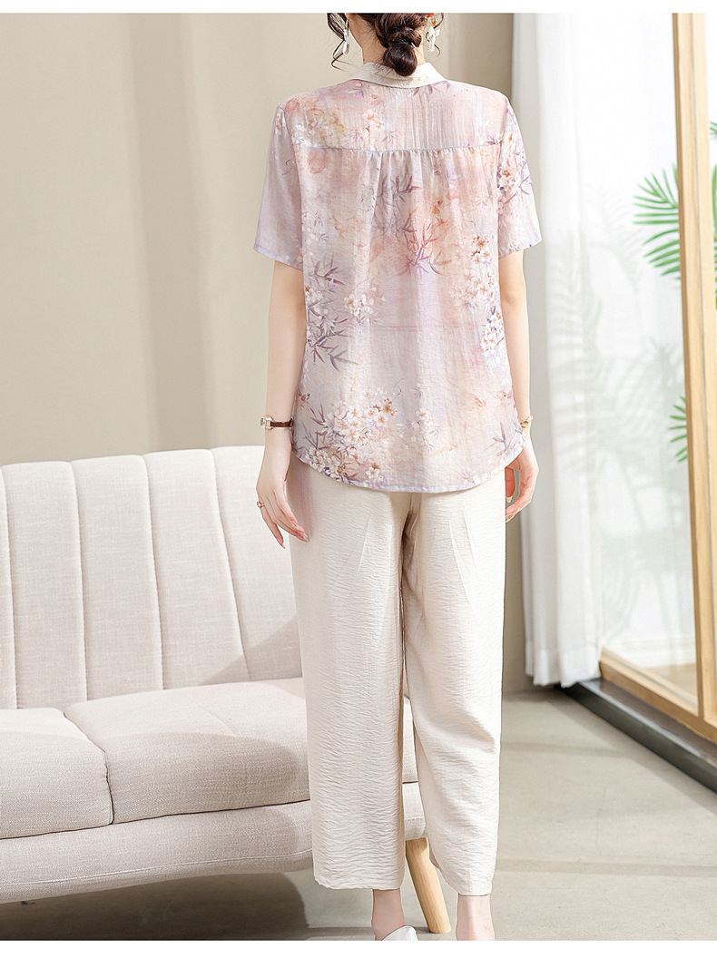 中年妈妈夏装棉麻套装洋气2024新款中老年女夏季短袖衬衫上衣薄款详情47