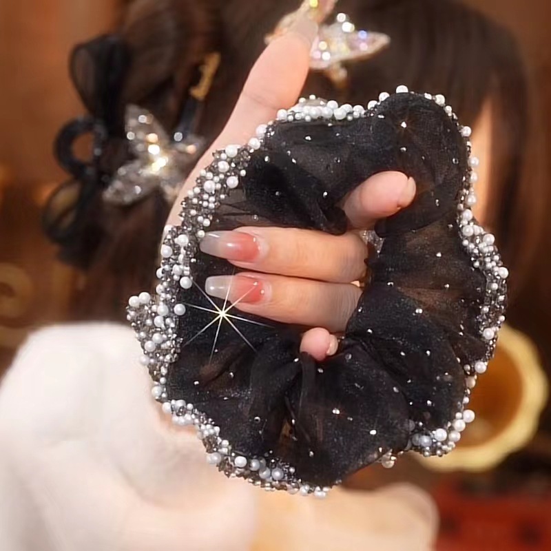 Light luxury and high-end style, Organza water diamond large intestine circle, internet-famous style, ponytail hair tie, high-elastic leather band hair tie, hair accessory pic 3