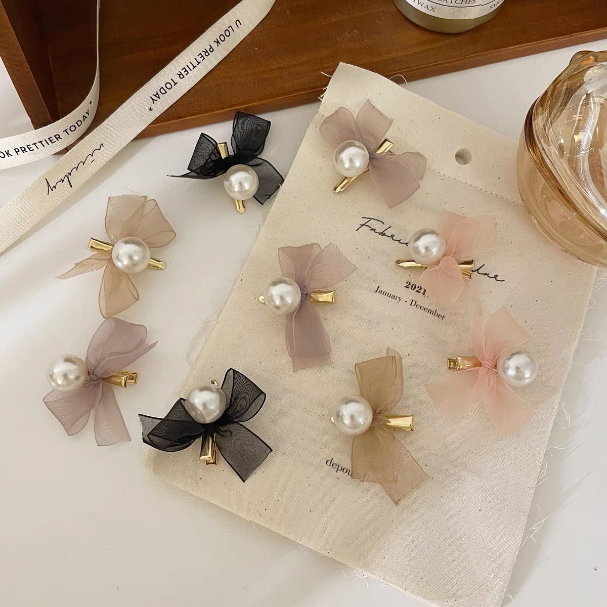 Romantic mesh bow pearl hair clip, sweet and versatile, bangs clip, girlish heart small clip, side clip hair accessory pic 1