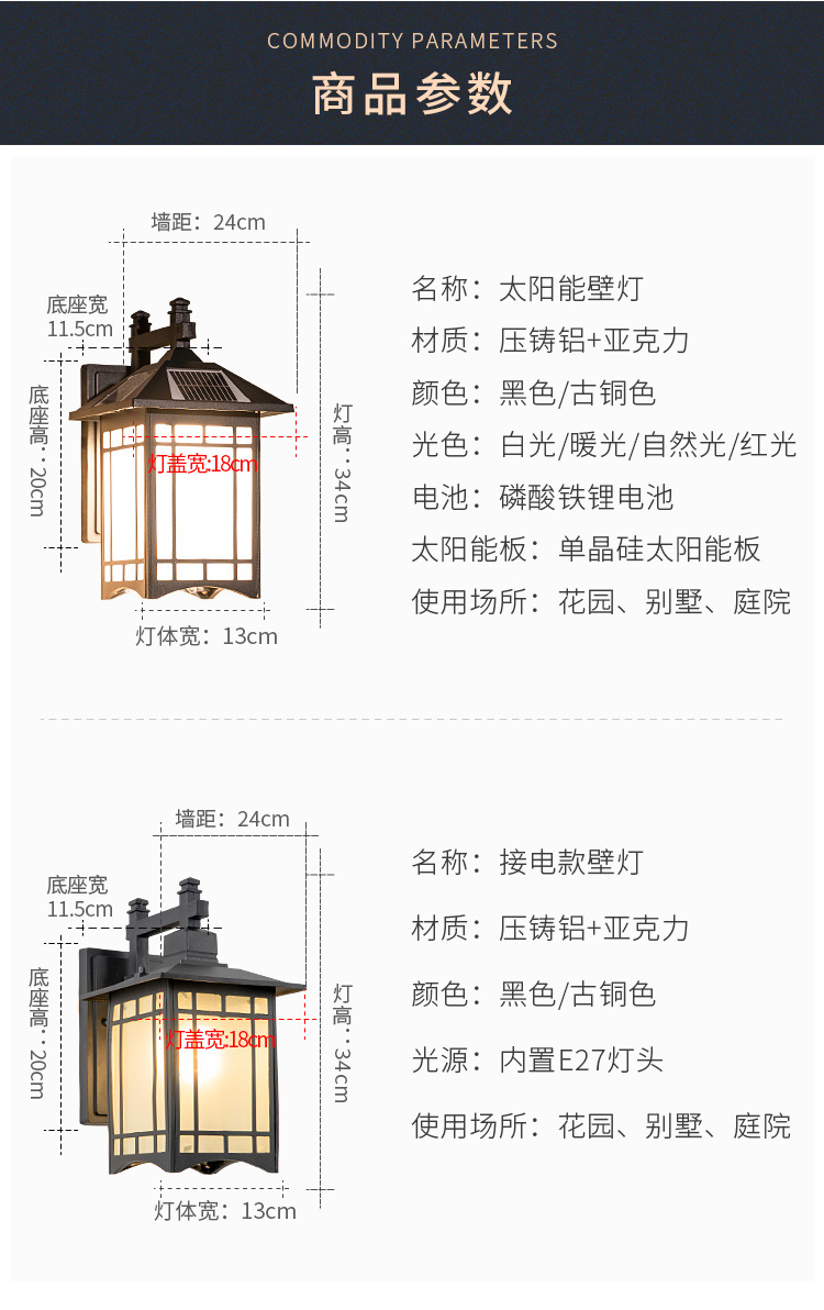 Solar wall lamps, Chinese-style household outdoor, outdoor terrace wall, garden, villa fence, waterproof led pic 17