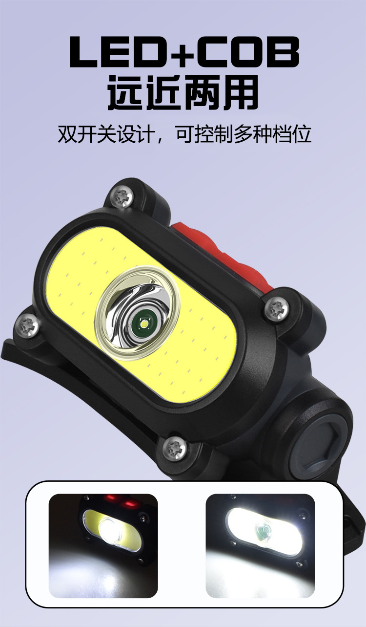 Cross-border bestseller COB+LED dual-light source lamp, USB charging red and white light charging headlamp, night running and fishing headlamp pic 4