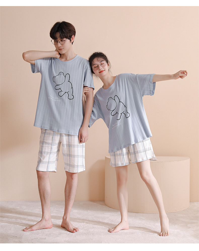 Novedades pareja manga corta pantalones cortos pijamas mujer verano slim algodón peinado hombre traje de hogar suelto casual cartoon pic 130