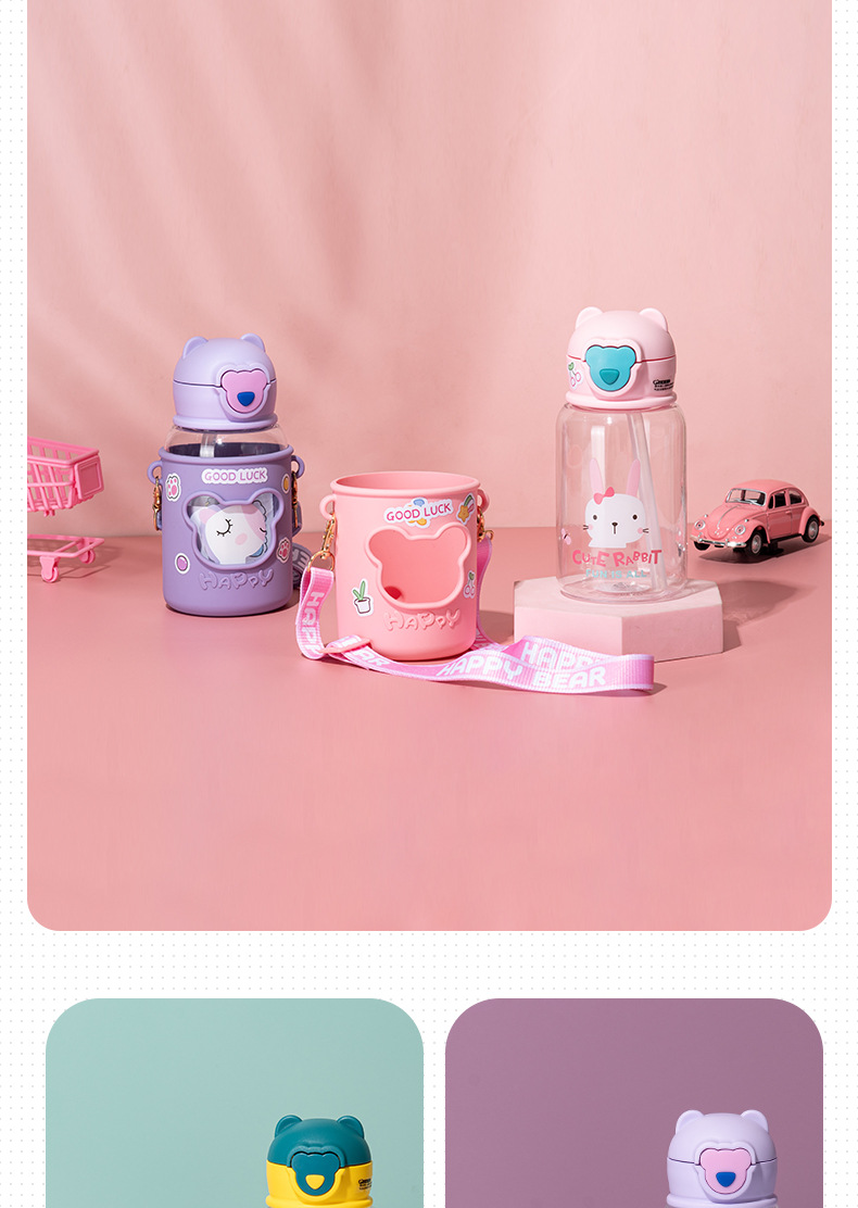 Cartoon bear silicone sleeve plastic cup for students, children, Internet celebrities, high appearance level, cute and portable, bouncy lid straw cup pic 7