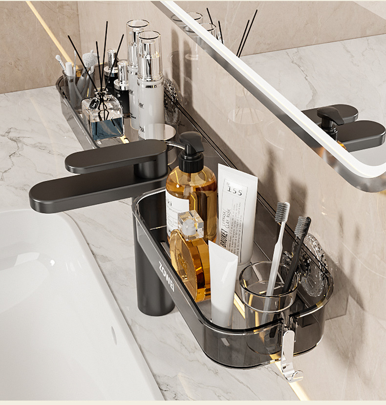 Wall-mounted, non-drilling bathroom, washbasin, mirror front storage rack, suction cup, washbasin, faucet storage rack pic 13