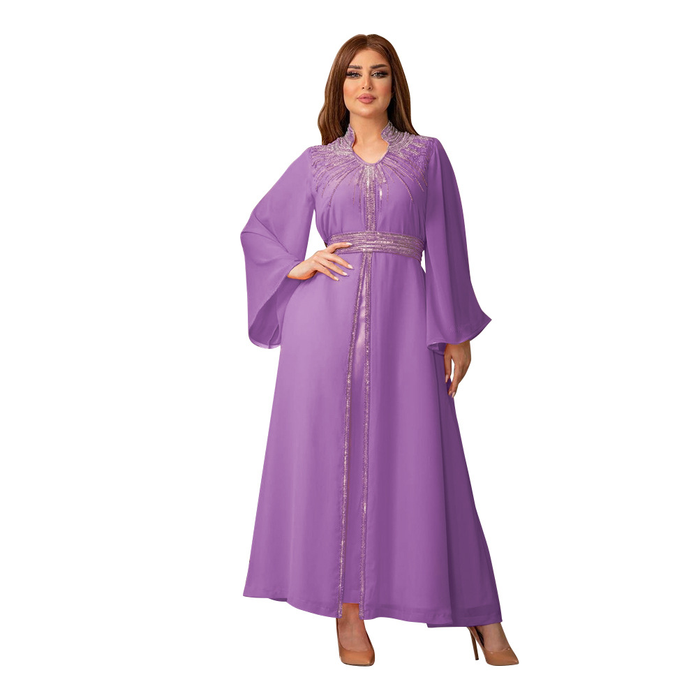 XQY500090 Foreign trade Arab robe, Middle East kaftan fashion Hot diamond belted chiffon dress pic 15