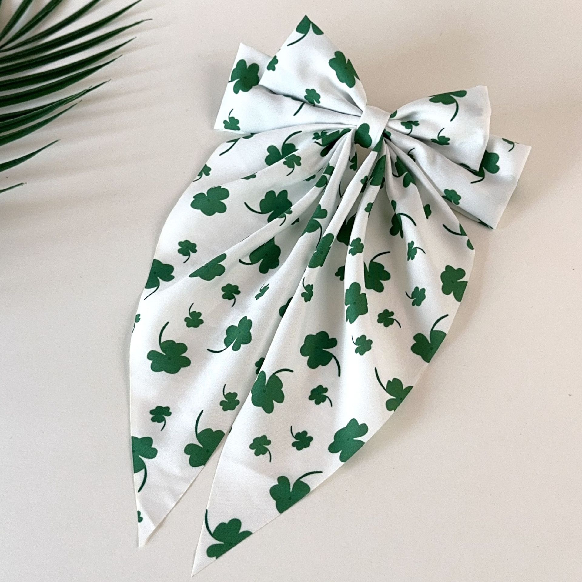 圣帕特里克节蝴蝶结发饰新款绿色四叶草飘带弹簧夹优雅发夹发饰详情8