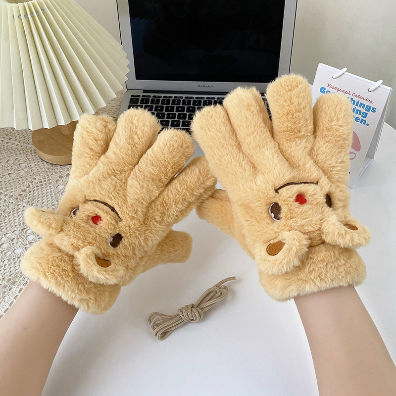 手套冬季女可爱卡通黄色小熊毛绒翻盖骑行学生保暖加绒加厚围巾详情10
