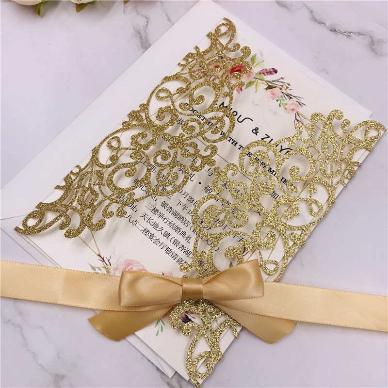 Customized wedding invitations, festival greeting cards and wedding invitations made of multi-color golden scallion powder, super flash material, hollowed-out card paper pic 13