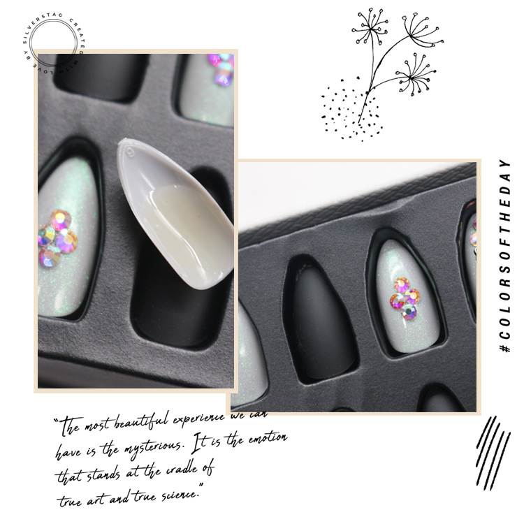 24-piece pointed-head bride wearing nail jewelry, false nail patches, scallion powder with diamonds and adhesive back nail patches gift box toolkit pic 2
