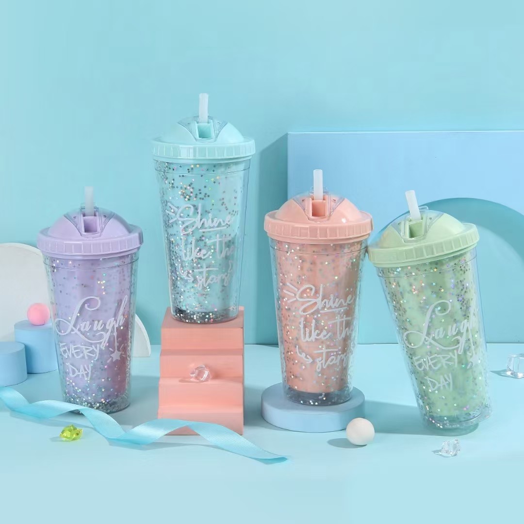 Simple and high-appearance double-layer transparent summer portable household straight plastic water cup, student seven-color foam straw cup pic 3