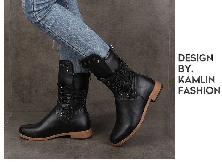 跨境外贸中筒靴女秋冬新款欧美柳钉低跟骑士靴纯色后拉链女式皮靴详情9