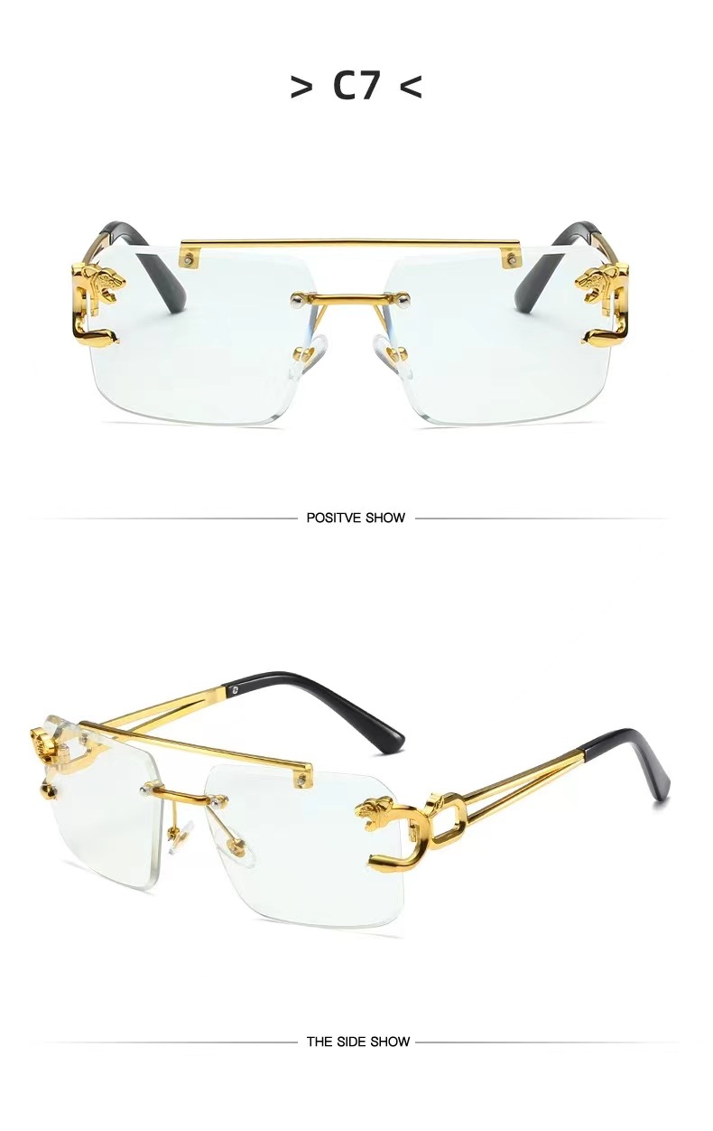 Crossover sin marco gafas de sol cabeza de leopardo moda corte de borde gafas de sol hombre temperamento mujer tendencia europea y americana influencers street raqueta gafas pic 12