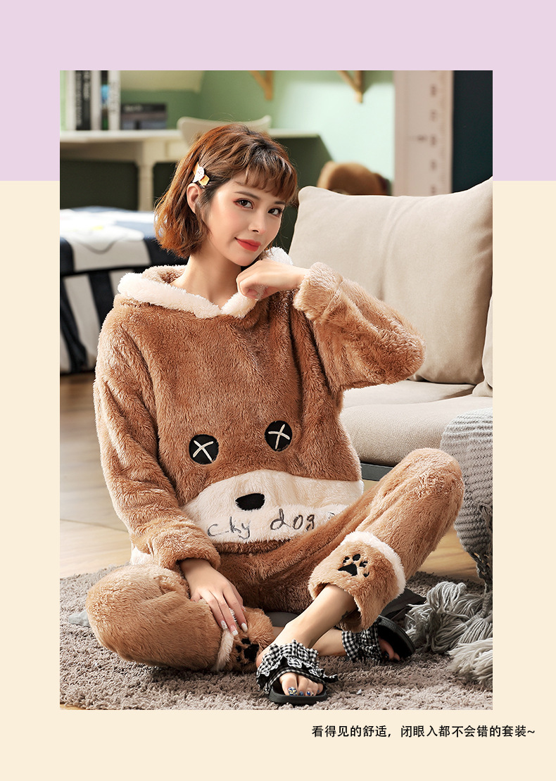 长毛绒冬季卡通情侣加厚加绒睡衣女帽子外穿法兰绒套装男士家居服详情27